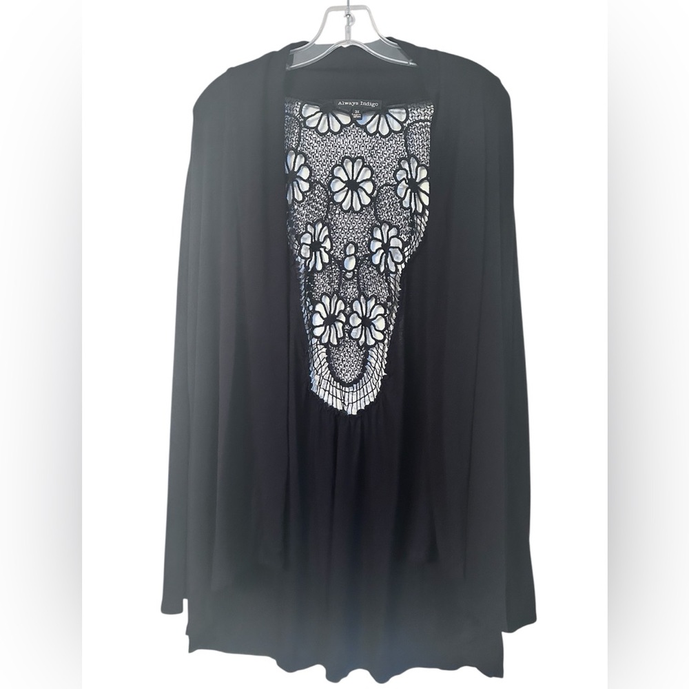 Always Indigo crochet back open front lightweight cardigan, size 3X